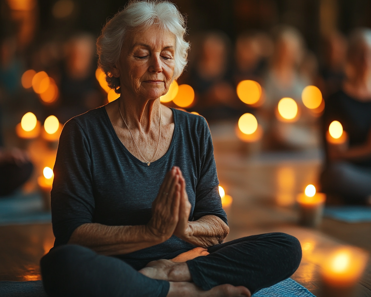 Старша жінка практикує йогу